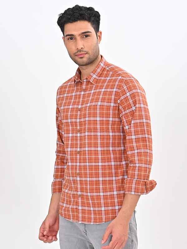 Indian Terrain Men's Regular Fit Full Sleeve Checkered Brown Shirt